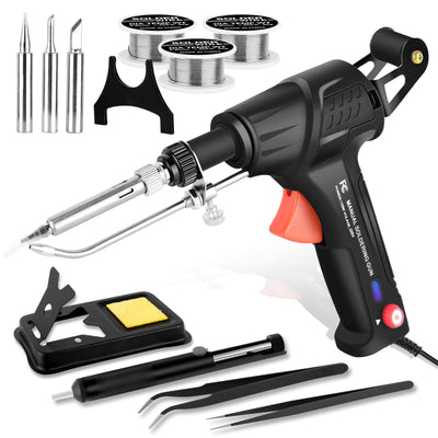 Upgrade 120W Soldering Iron Kit with Ceramic Heater, Automatic Soldering Gun Kit Includes 3 Solder Wire, 3 Interchangeable Tips, 2 Tweezers, Desoldering Pump, Basic Stand with Sponge
