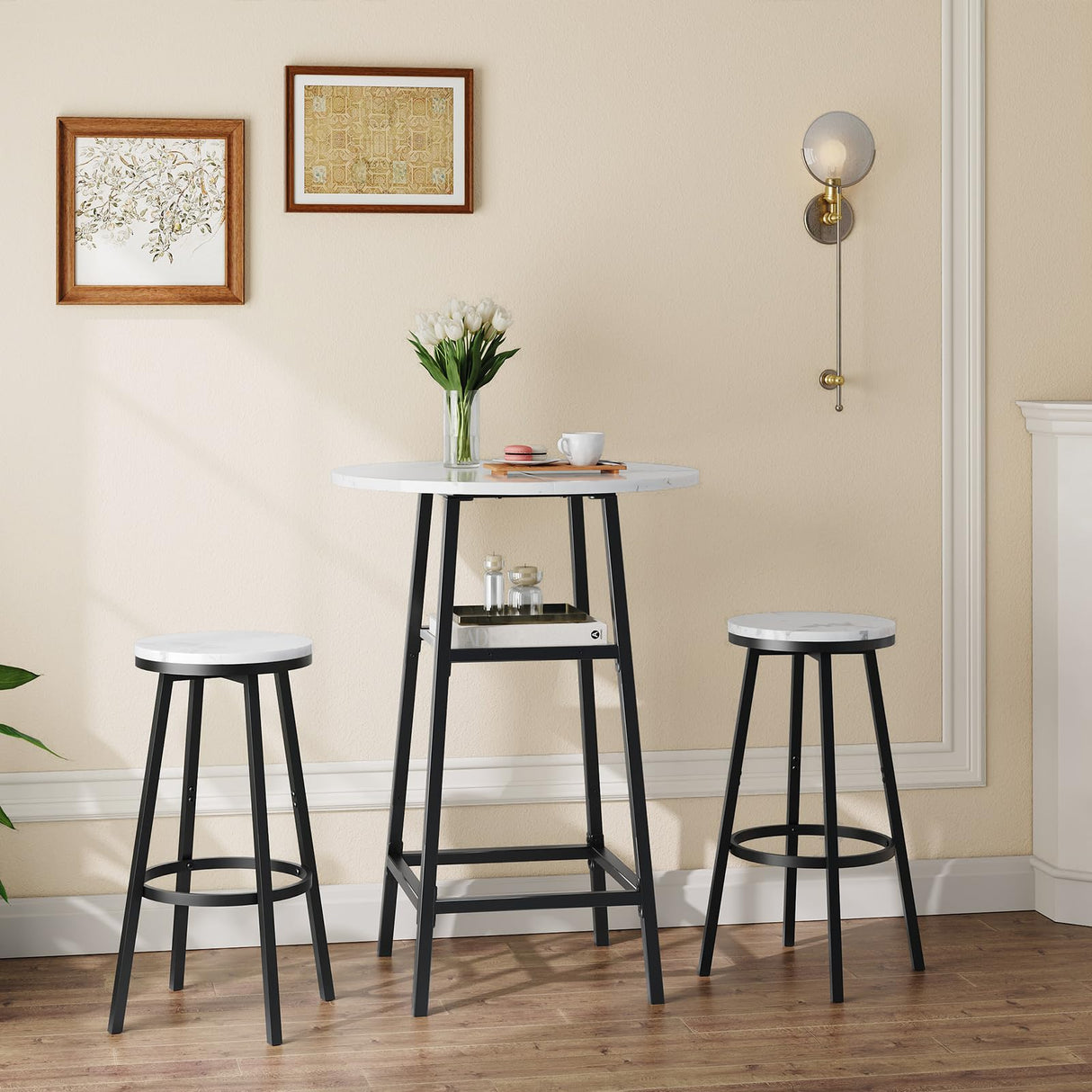 MAHANCRIS Round Bar Table, 37.4" High Pub Top Table with Footrest, 2-Tier Counter Height Cocktail Tables with Storage, Bistro Table for Small Spaces, Easy to Assemble, Marble and Black BTHM12501 MAHANCRIS