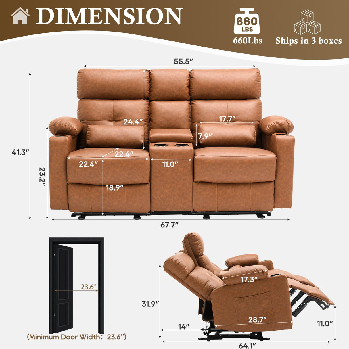 PALLOME Power Loveseat Recliner Sofa with Console, Loveseat Reclining Sofa with Heat & Massage, Home Theater Seating with Lumbar Pillow for Living Room, RV Recliner Loveseat(PU, Yellowish Brown) PALLOME
