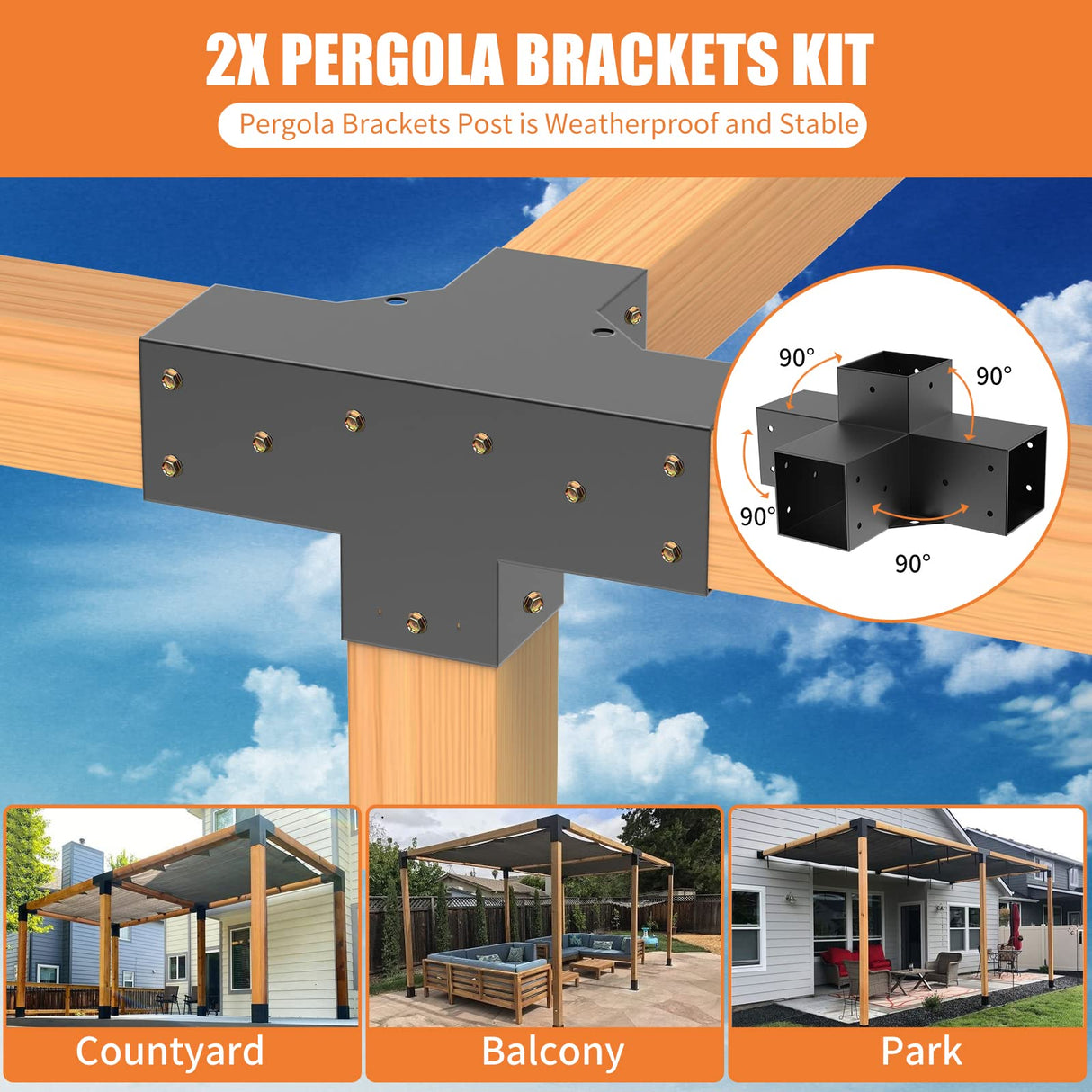 Woodworks Pergola pergola Brackets 4-Way Right Angle Corner Bracket DIY Elevated Wood Stand 2PACK with Screws for 4x4 (Actual: 3.5x3.5 Inch) Lumber Pergola Gazebo Likeem