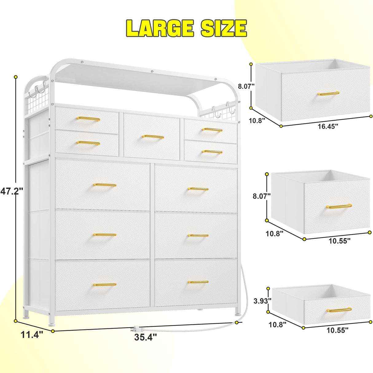 EnHomee White Dresser,11 Drawer Dresser for Bedroom with LED Lights & Charging Station, Fabric Dressers & Chest of Drawers,2 Tier Wooden Shelves, 4 Hooks, Dresser for Bedroom,Entryway,Sturdy Frame EnHomee