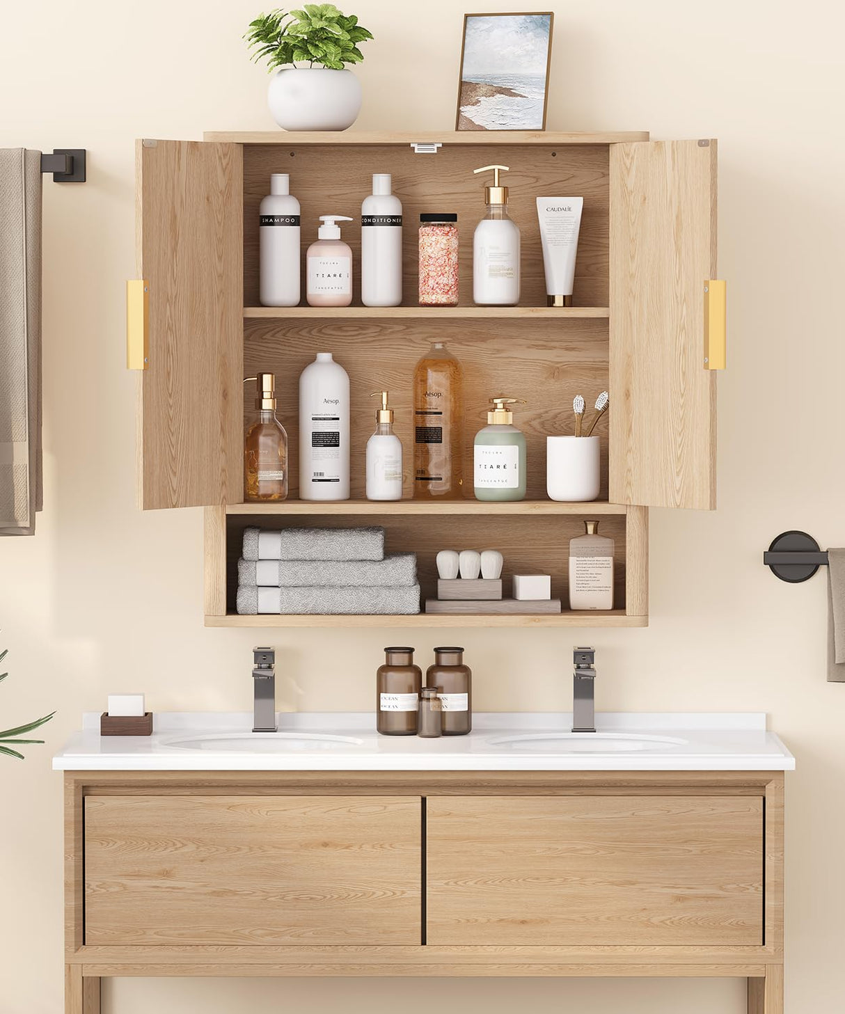 Rovaurx Fluted Medicine Cabinet with 2 Doors, Bathroom Wall Cabinet, Curved Profile Wall Mounted Cupboard with Adjustable Shelf, for Bathroom, Kitchen, Laundry Room, Natural Rovaurx