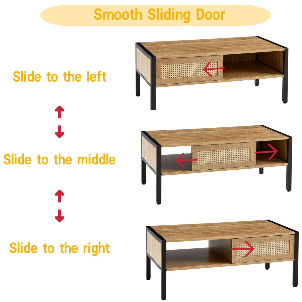 YOUGUO Boho Coffee Table for Living Room, 40.16" Rattan Coffee Table with Sliding Doors & Metal Legs, Mid-Century Center Table for Small Space, Natural