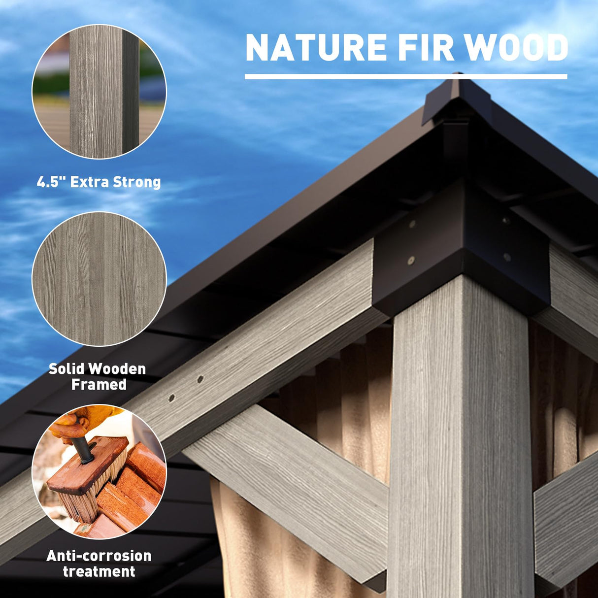 SUNBURY 10'x12' Outdoor Cedar Wood Gazebo, 2-Tier Metal Hardtop Wooden Frame Gazebo for Patio with Privacy Curtains and Mosquito Nettings for Gardens, Lawns, Backyard, Poolside (Grey Frame) SUNBURY