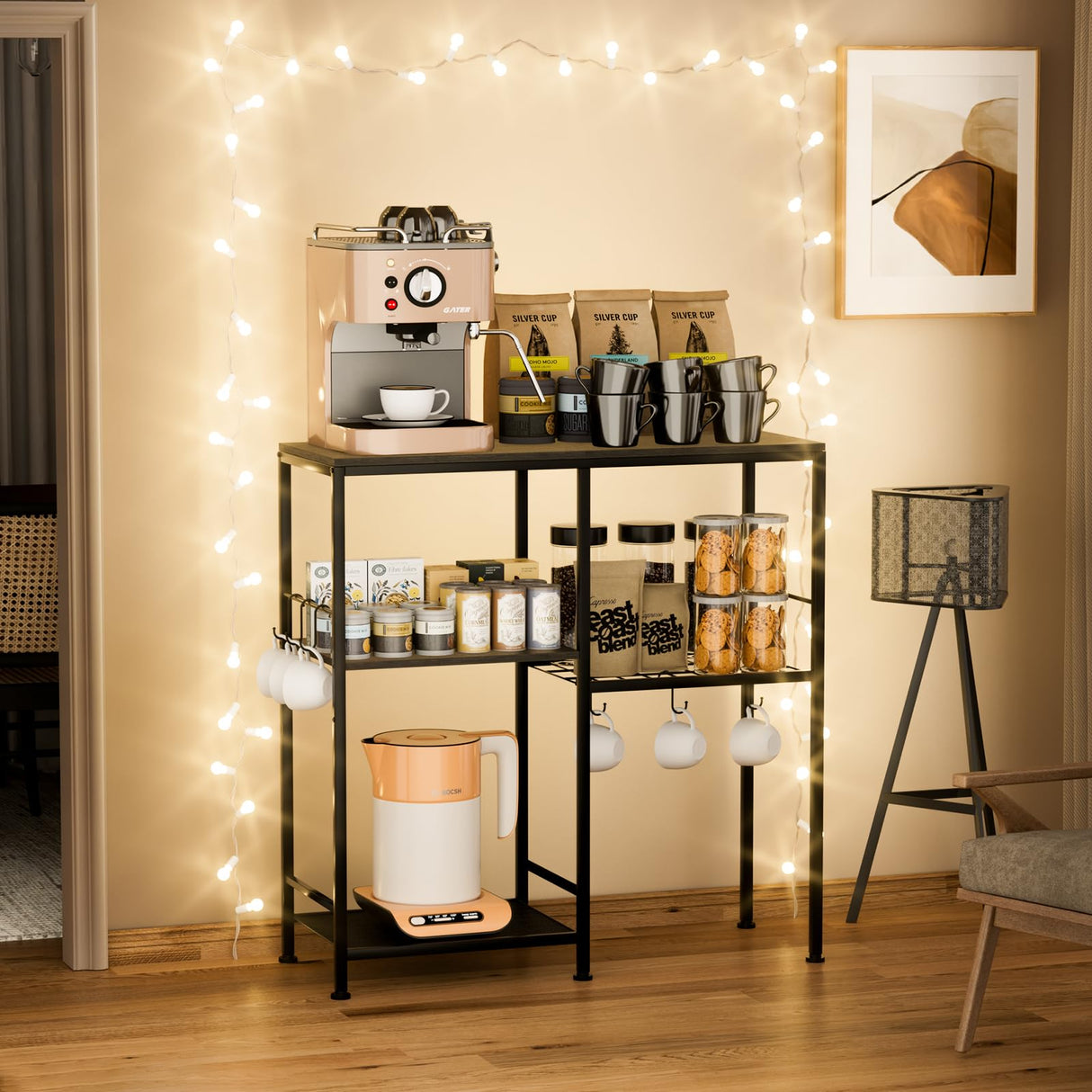 Consumest Bakers Rack with Storage - Microwave Stand and Coffee Bar Cabinet, Multifunctional Pan Organizer with 6 Hooks and 2 Shelves, Microwave Cart for Kitchen, Living Room, Grey&Black Consumest