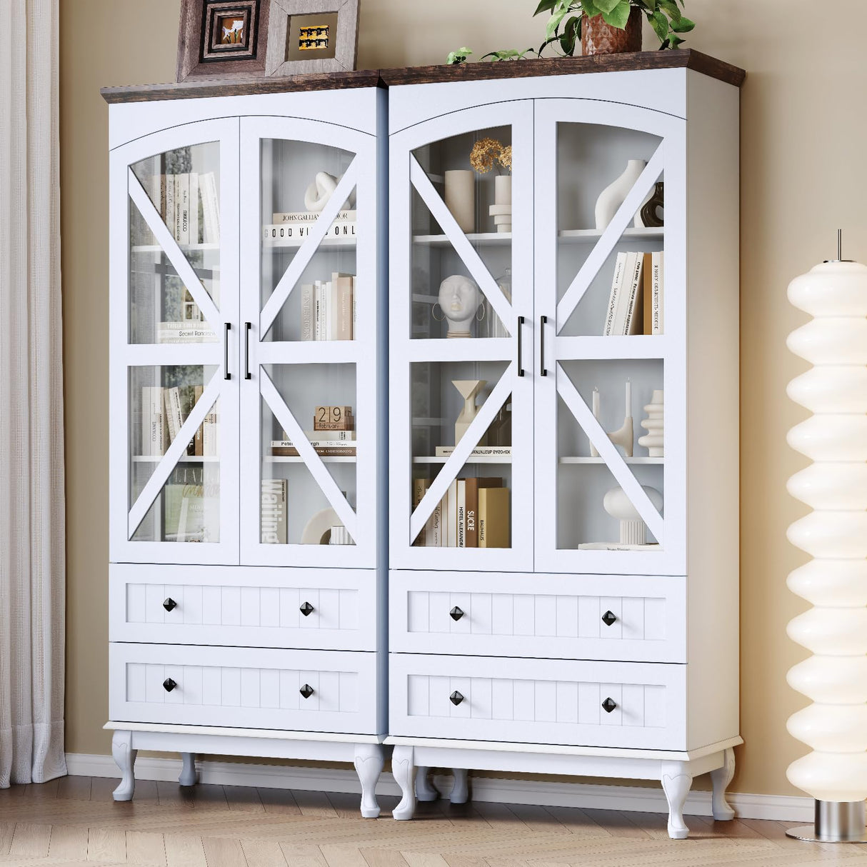 72" Tall Bookcase Set of 2 with Glass Doors, Farmhouse 3Tier Book Shelf with 2 Drawer, Arc Wood Bookshelf with Storage Cabinet, Freestanding Display Bookshelves, China Cabinet for Living Room, Office FFBCFDK