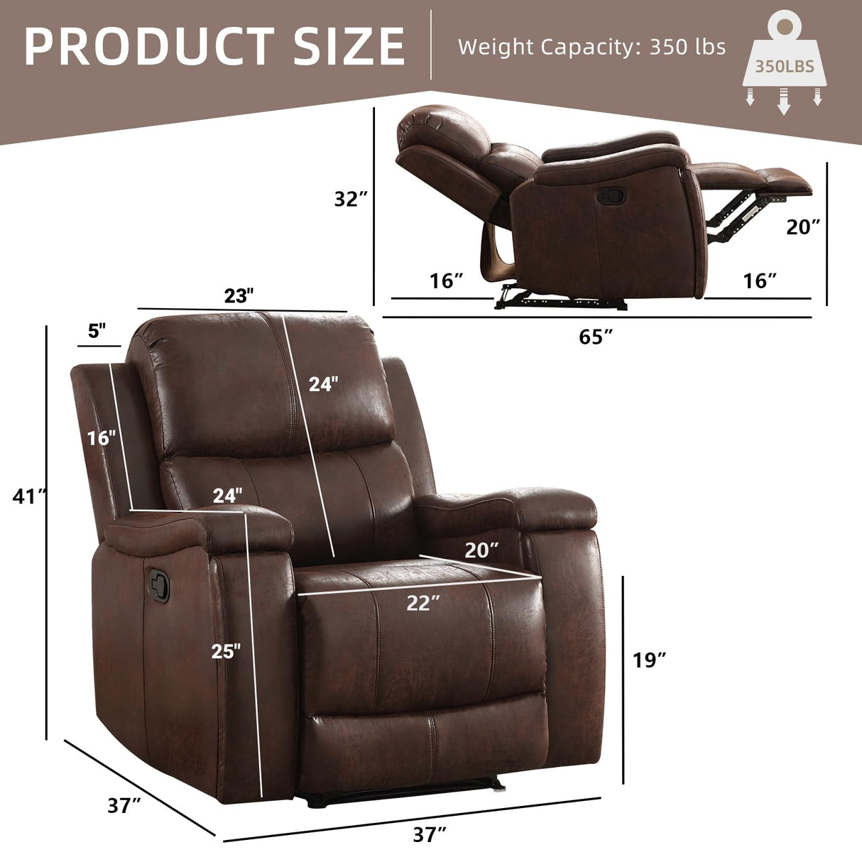 IOMOR Leather Recliner Chair, Manual Recliner Chair for Adults with Overstuffed Arms and Back, Single Sofa Recliner with Cup Holders for Living Room Set of 2, Red Brown IOMOR