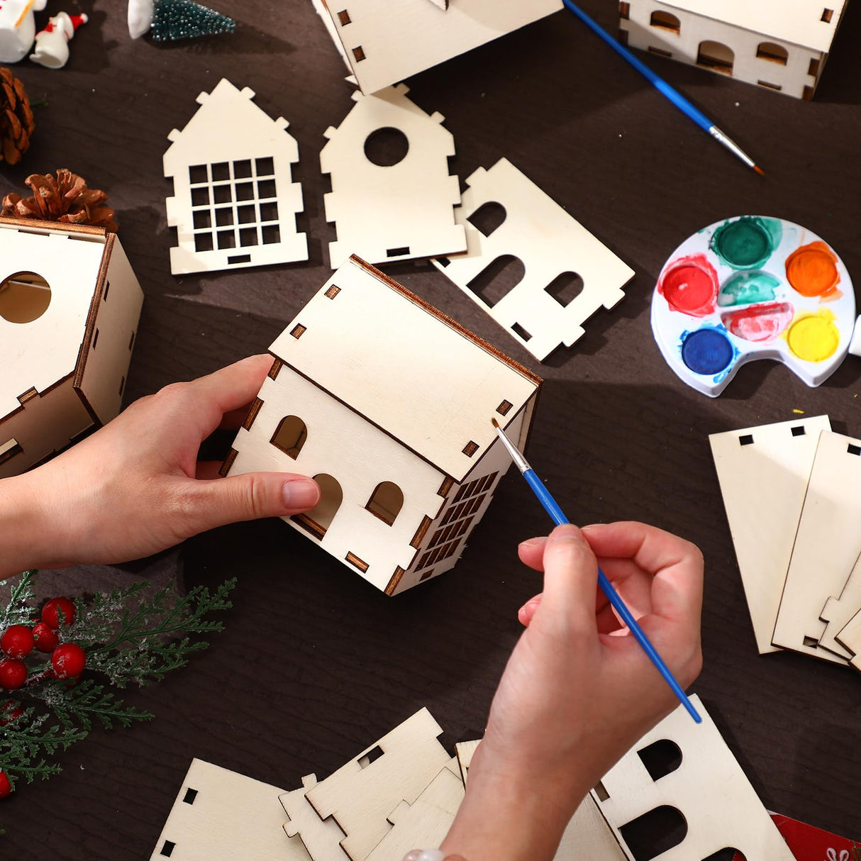 Hiboom 12 Pcs DIY Christmas Village Sets Wood Village Houses Christmas Mini Wooden House Gift for Winter Xmas Party Decorations Hiboom