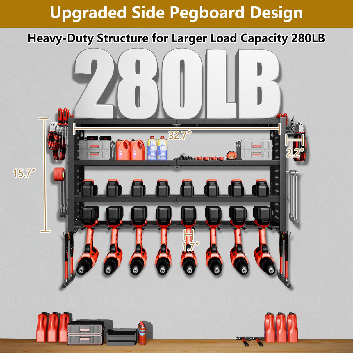 Power Tool Organizer Wall Mount, 4 Layer Heavy Duty Garage organizer Loads 280lbs, Tool Organizers with 8 Drill Hanger, Battery Tools Holder Garage Storage Organization for Workbench, Pegboard, Shed 1R2P3I