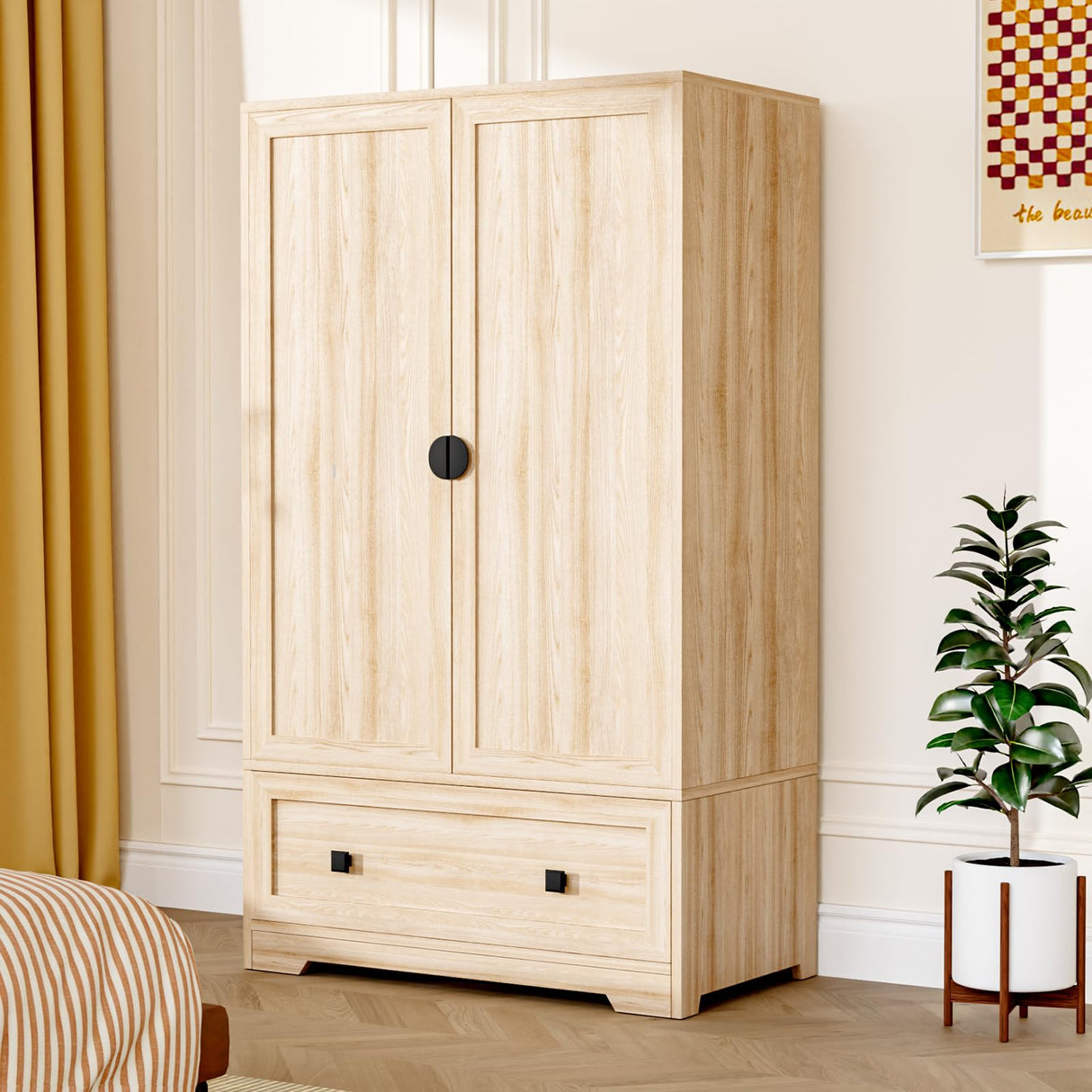 VINGLI Wardrobe Closet, Armoires and Wardrobes with Doors,Hanging Rod, Shelves and Drawer, Freestanding Closet Wardrobe Cabinet, Oak Armoire Wardrobe for Bedroom, Dorm, 38" W x 21" D x 65" H VINGLI