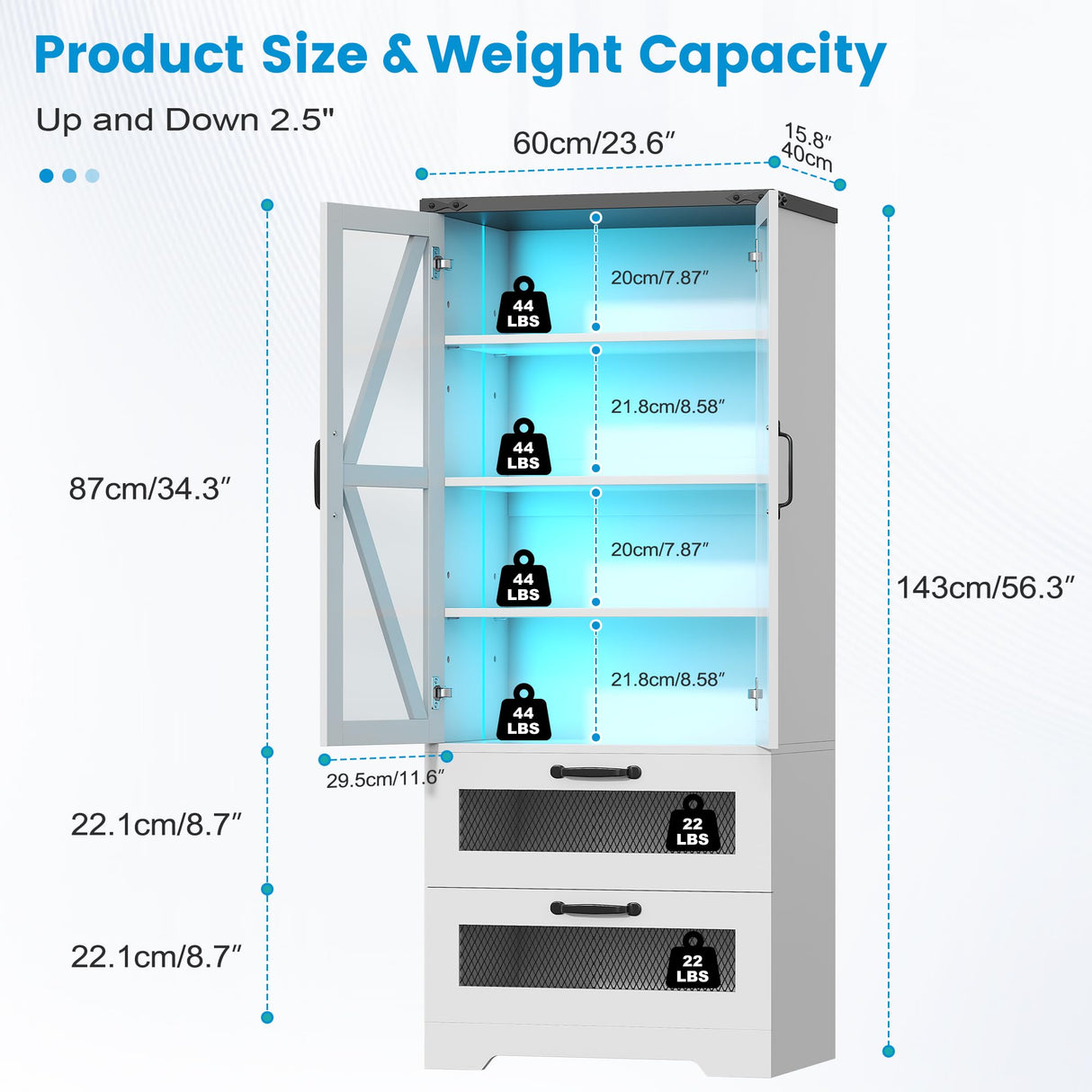 Jehiatek 56" Storage Cabinet with LED Light, Modern Farmhouse Cabinet with Large Drawers & Adjustable Shelves, Display Bookcase with Glass Door, Cupboard Sideboard for Living/Dining Room, White Jehiatek