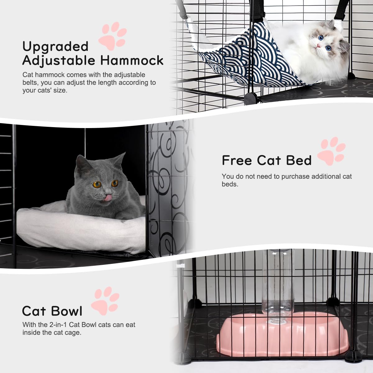 BriSunshine Cat Cages Indoor, 3 Tier DIY Cat Enclosure with Large Hammock, Metal Wire Pet House Kennels Crate Catio with Litter Box, Bed, Scratchers, Bowl, Stairs for 1-2 Cats BriSunshine