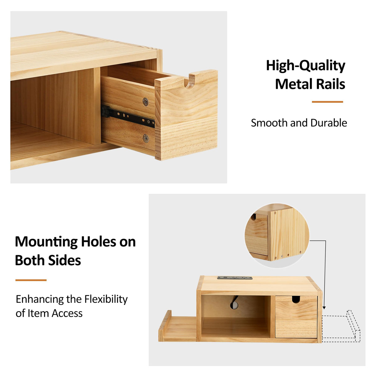 Afuly Floating Nightstand with Charging Station, Modern Night Stand with Drawer Wall Mounted Bedside End Table, Solid Wood Nightstand Side Table Shelf for Bedroom Natural Wooden Decor Afuly