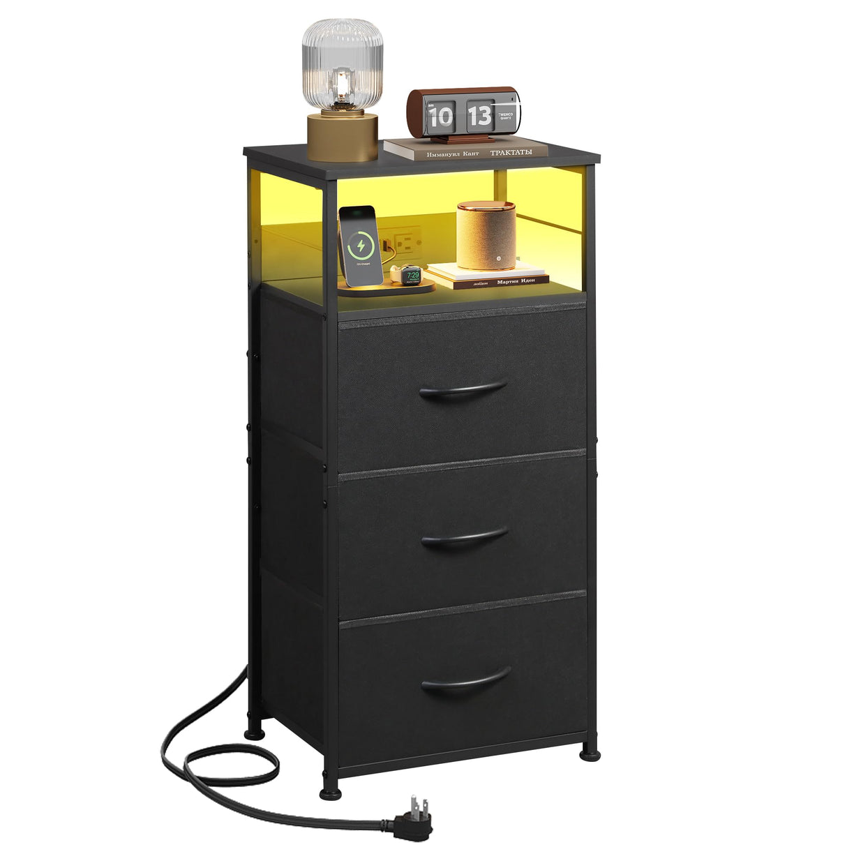 WLIVE LED Nightstand with Charging Station, Black Night Stand with 3 Fabric Drawers and Storage Shelf, Small Dresser for Small Space, 31.9" H Bedside Table with USB Ports and Outlets for Bedroom WLIVE