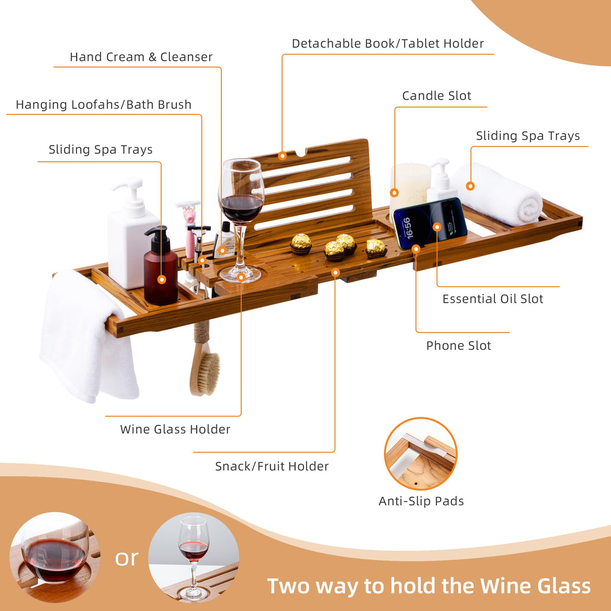 Flyjoe Luxury Teak Bathtub Tray - Foldable Bath Caddy with Expandable Handles, Wine Glass & Phone Holder, Book Stand - Enhance Home Spa Experience with Natural Material - Relaxing & Reading FLYJOE