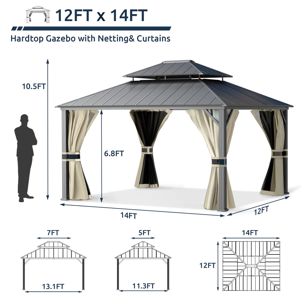 UDPATIO 12' x 14' Hardtop Gazebo, Outdoor Aluminum Gazebo with Galvanized Steel Double Roof, Permanent Metal Canopy with Netting and Curtains for Patio, Garden, Lawn, Backyard, Deck, Beige UDPATIO