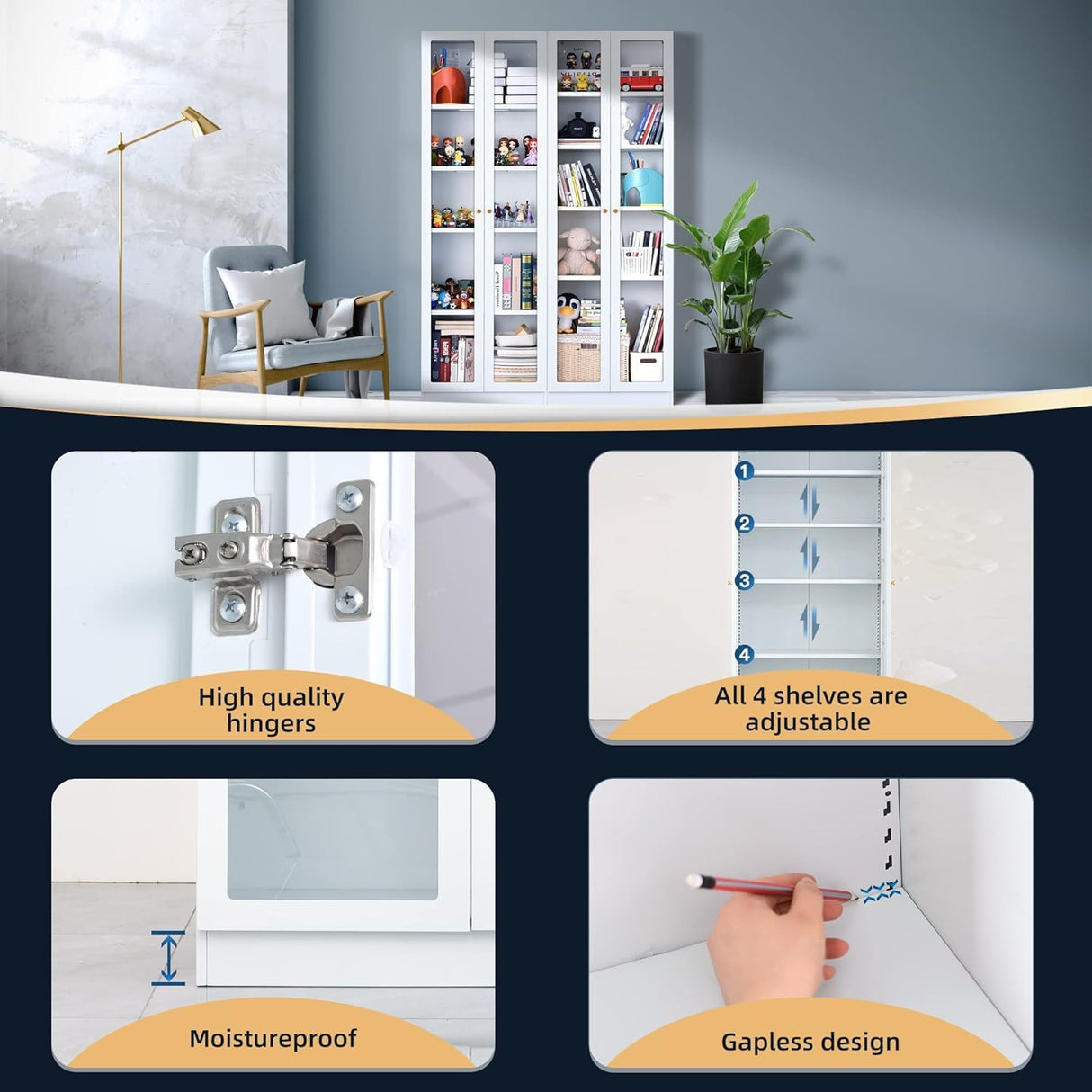 Alvisyd 72" Modern White Metal Display Cabinet with Adjustable Acrylic Doors and 5 Tiers Alvisyd