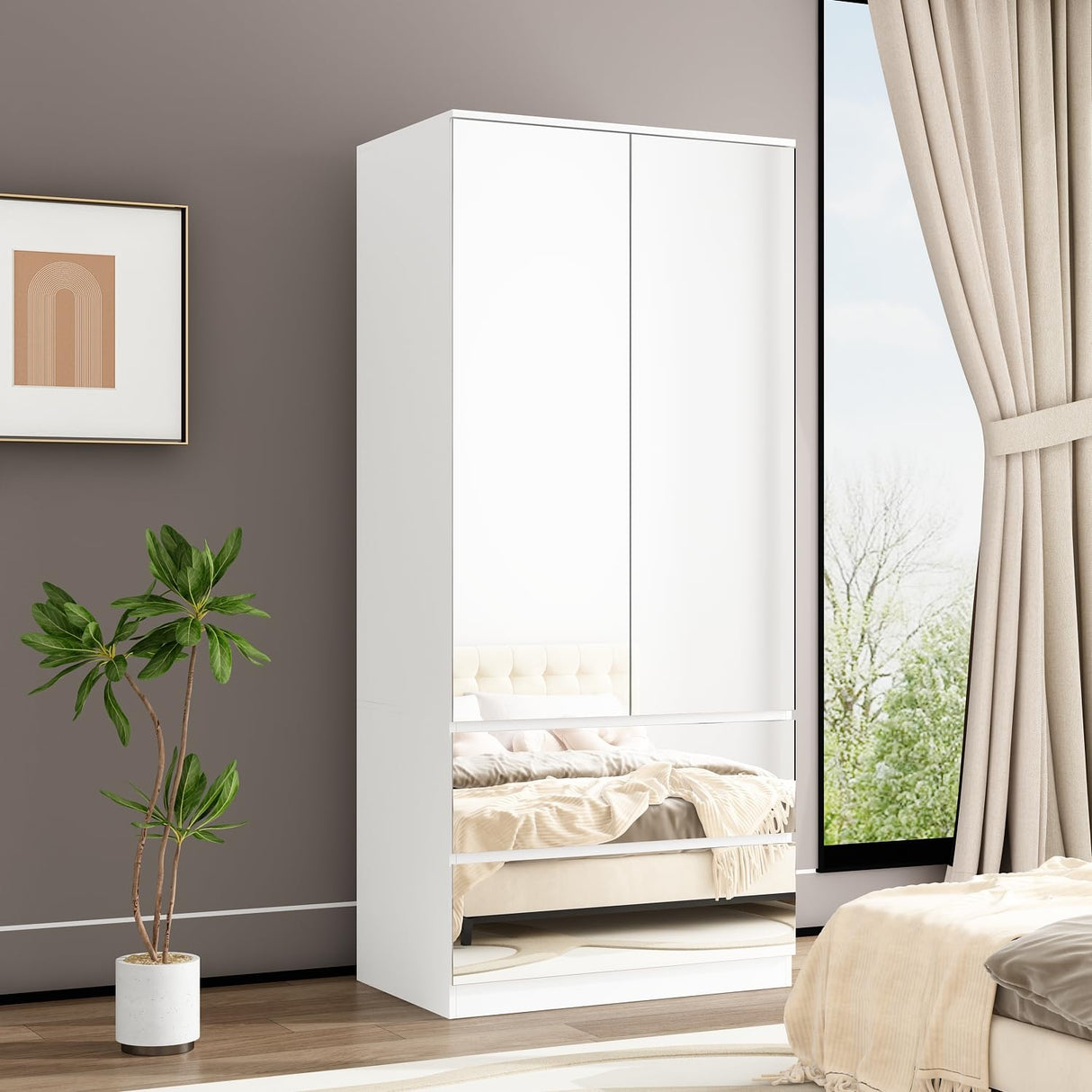 FUFU&GAGA Wardrobe with Mirror Doors, White Bedroom Armoire with 2 Drawers, Hanging Rod, Mirrored Closet Modern Clothes Storage Cabinet for Bedroom Cloakroom, 31.5”W x 19.7”D x 70.9”H FUFU&GAGA