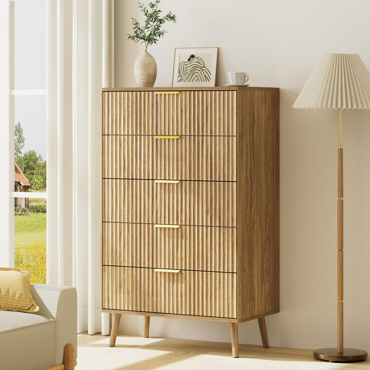 LYNSOM Fluted 5 Drawers Dresser, 45" Tall Modern Chest of Drawers with Metal Handle and Curved Profile Design, Wood Drawer Organizer for Bedroom, Living Room, Hallway, Entryway, Natural Oak LYNSOM