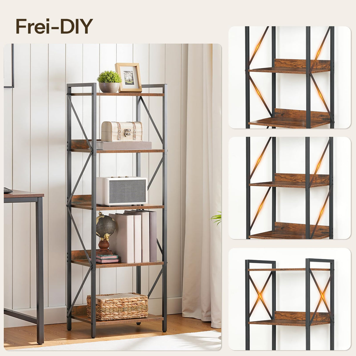 HOOBRO Bookshelf, 5-Tier Industrial Bookcase, Book Shelf Storage Organizer, Tall Bookshelf with Metal Frame for Living Room, Bedroom, Home Office, Kitchen, Rustic Brown and Black BF73SJ01