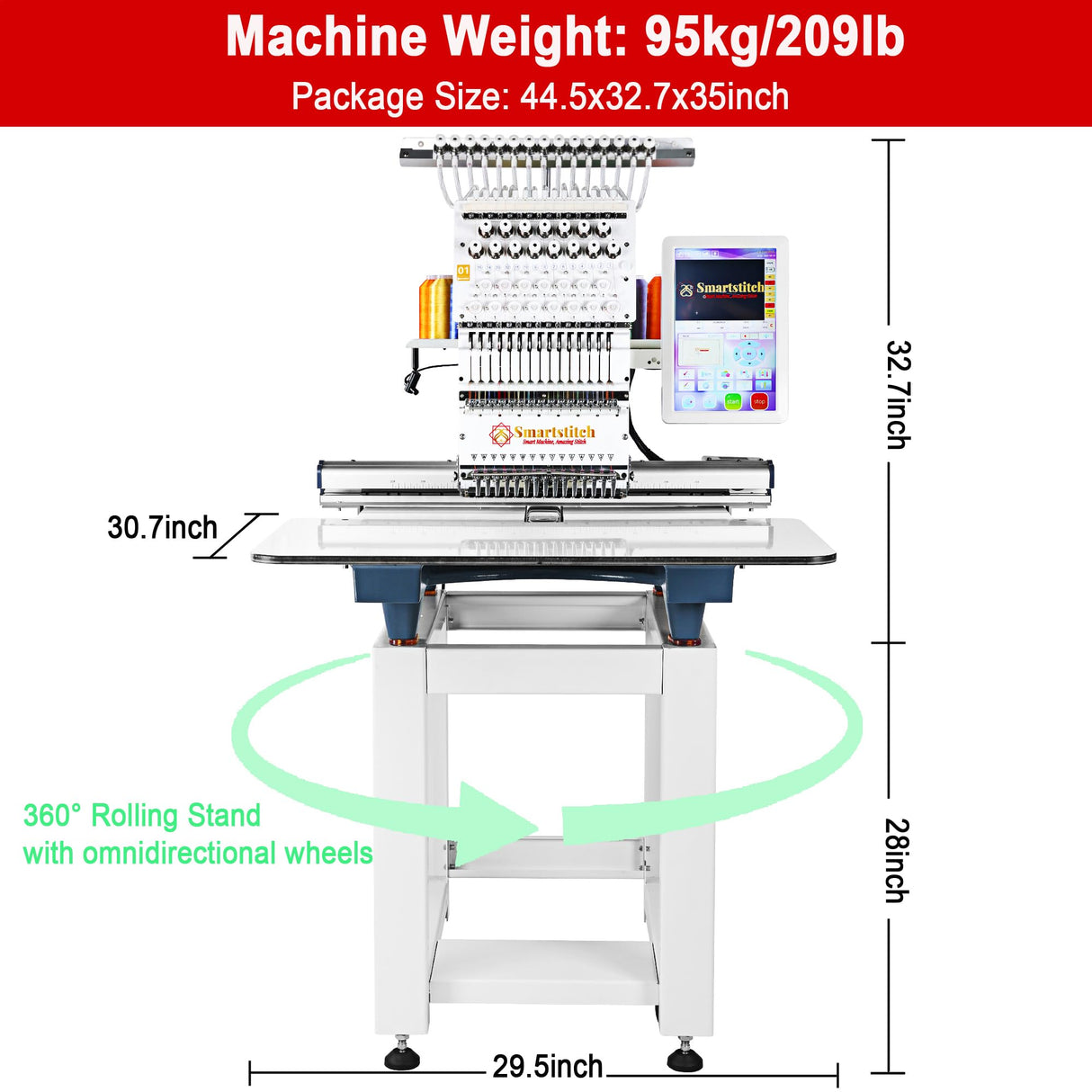 Smartstitch S-1501 Commercial Embroidery Machine with 15 Needles,14"x20" Embroidery Area,1200SPM Max Speed,12" Touch Screen, Wifi available, capable of embroidering on 3D Caps, Flat, T-shirt and more smartstitch