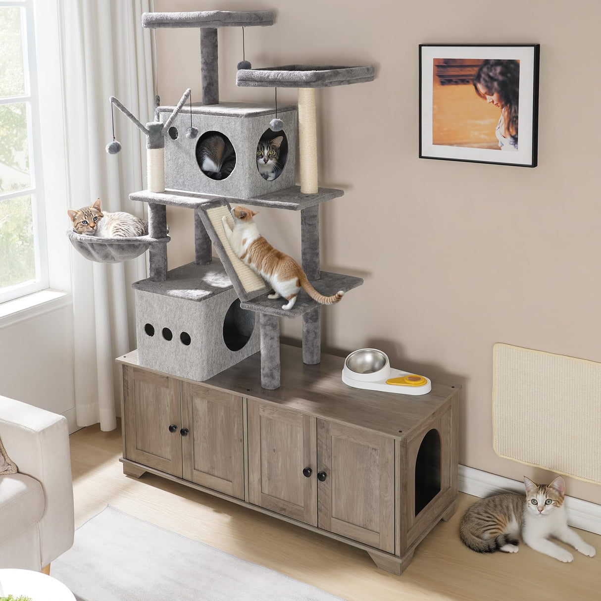 HOOBRO Double Litter Box Enclosure with Cat Tree, 45.3" L x 17.7" W x 68.9" H All-in-One Modern Cat Tower with Bed, Hidden Litter Box Enclosure Furniture, with Hammock, Sisal Posts, Greige BG22MZ03 HOOBRO