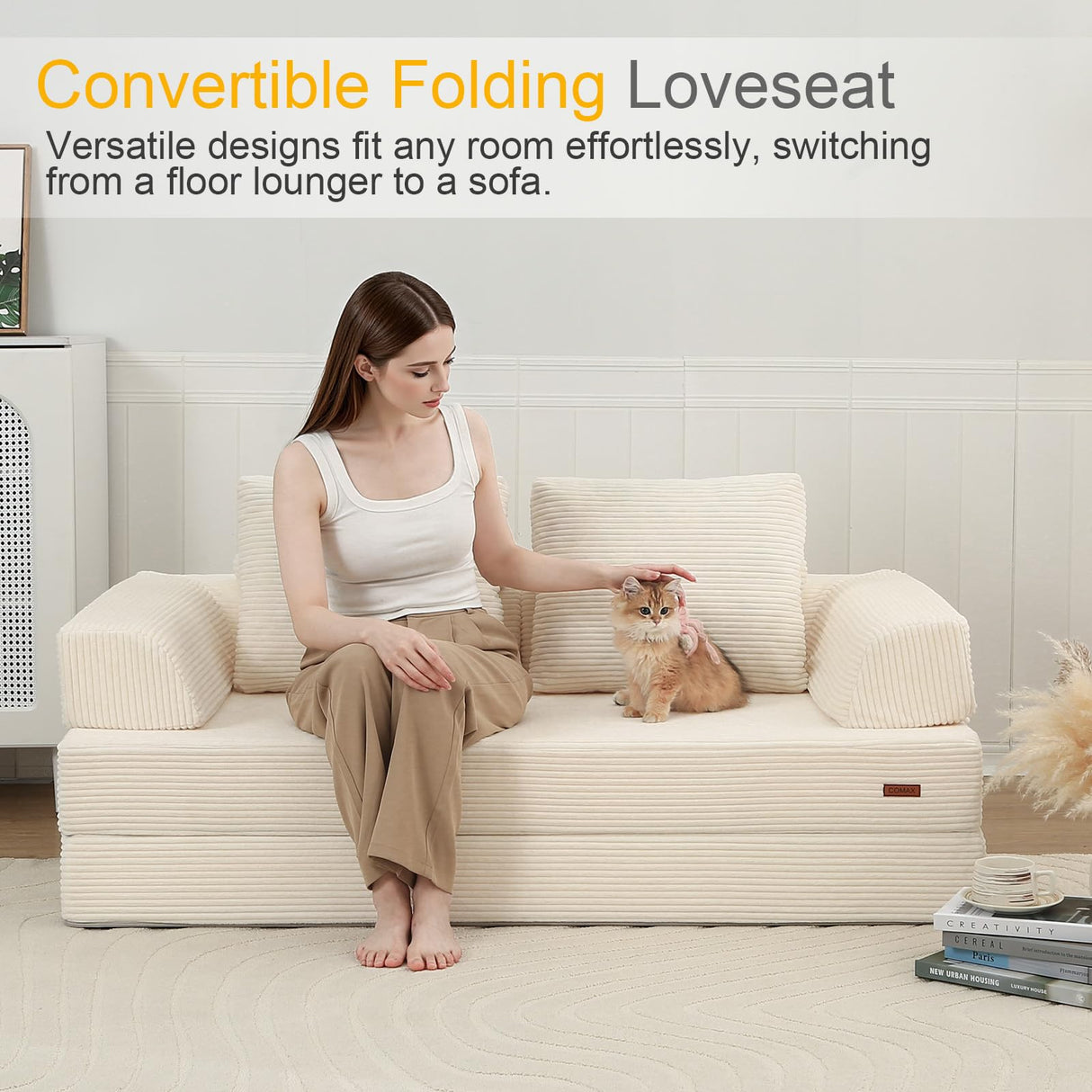 COMAX Convertible Sofa Bed, Folding Floor Couch Corduroy Fold Out Couch Bed Futon Sleeper Mattress with Pillows, Boneless Sofa Comfy Lounge Loveseat for Living Room Bedroom, Beige COMAX