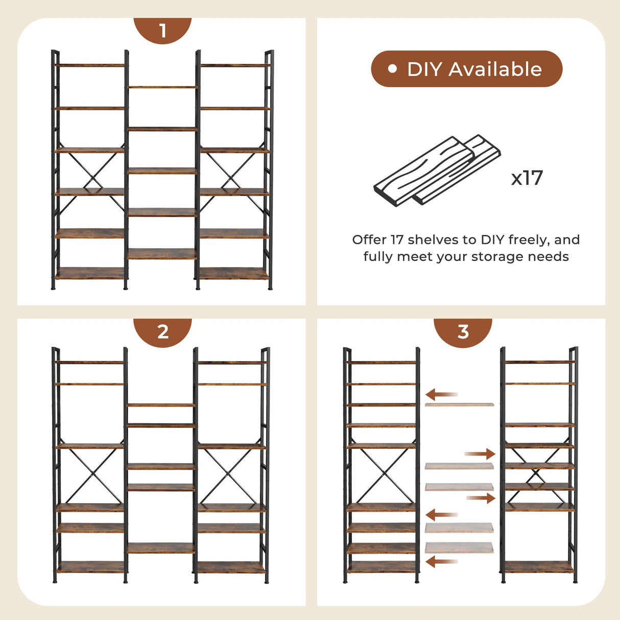 SUPERJARE Triple 6 Tier Bookshelf, Bookcase with 17 Open Display Shelves, Wide Book Shelf Book Case for Home & Office, Rustic Brown SUPERJARE