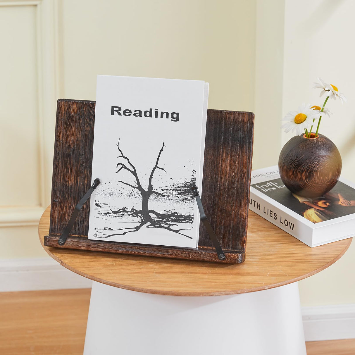 GZQWDC Wooden Book Stand Holder Adjustable,Portable Desktop Organizer for Cookbooks/Tablets,Hands Free Reading Rest with Ergonomic Design, Fits Books & iPads GZQWDC