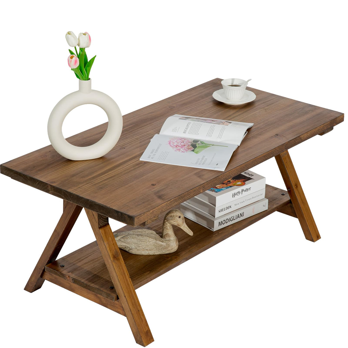 HOKYHOKY Solid Wood Coffee Table - 42.5” Pinewood Farmhouse Rustic Wooden Coffee Tables for Living Room, Solid Pinewood Rectangle Coffee Table, Center Table for Living Room, Brown HOKYHOKY