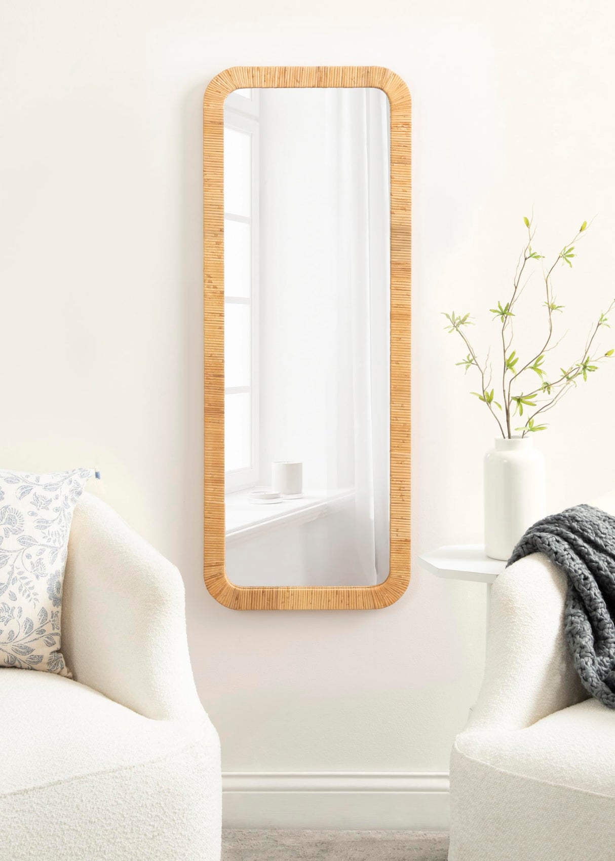 Kate and Laurel Rahfy Boho Rectangle Rattan Wall Mirror, 18 x 48, Natural Wood, Decorative Rounded Rectangular Full-Length Mirror with Authentic Rattan Frame for Bedroom Floor Mirror Kate and Laurel