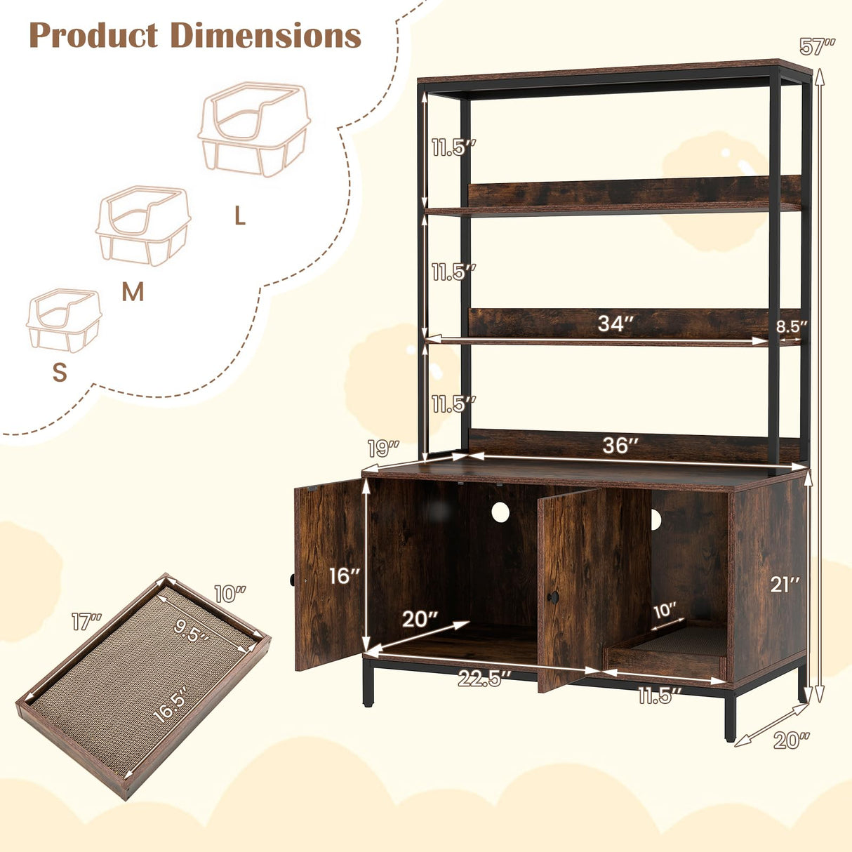 Tangkula Litter Box Enclosure with Shelves, Hidden Cat Washroom Cabinet with Storage, Winding Entry & Scratching Board, Versatile Litter Box Furniture (Rustic Brown) Tangkula