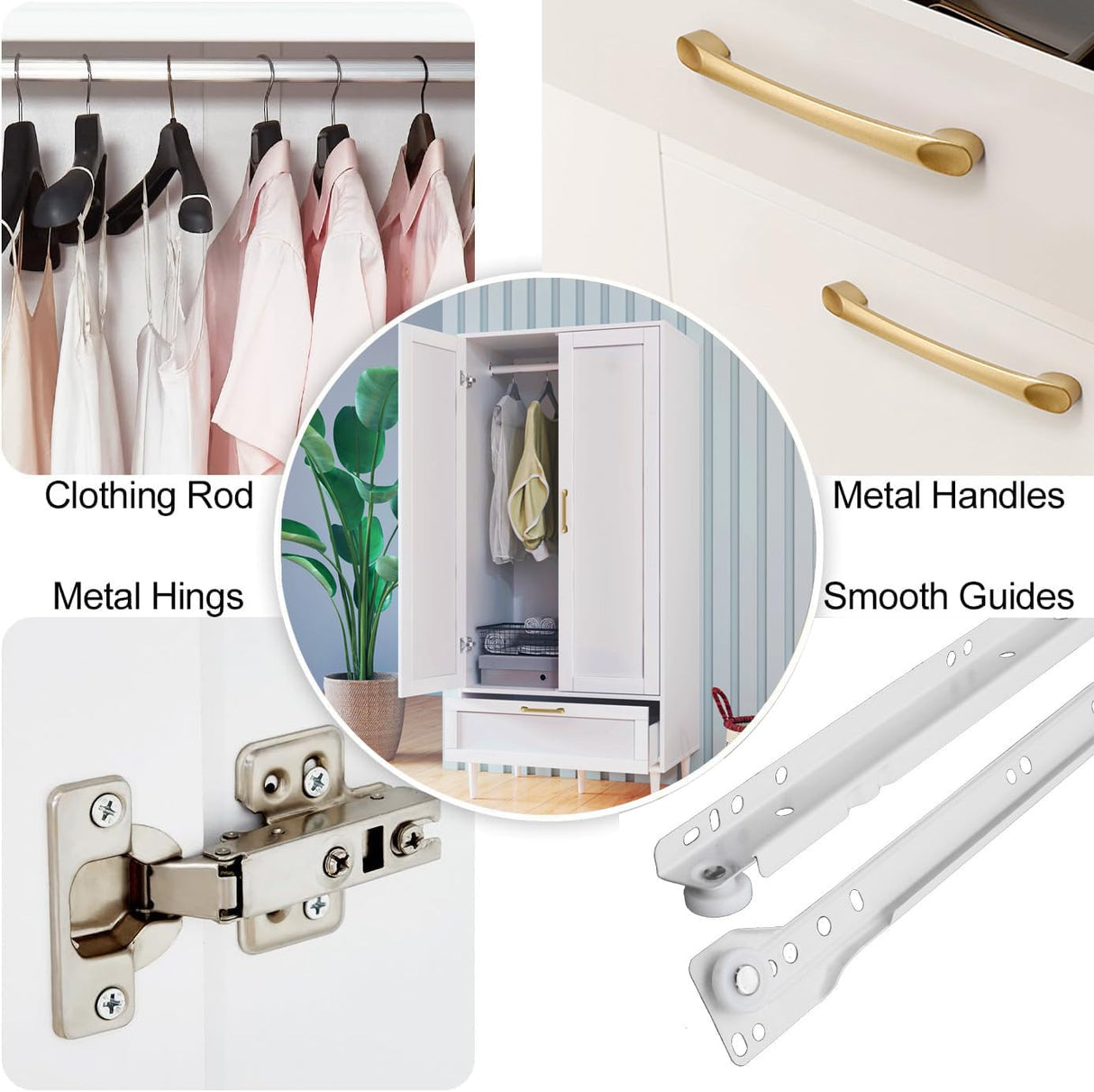 ALBSL Bedroom Armoire Wardrobe Closet with Hanging Rod,60" 2 Door Almirah for Clothes with Drawers,Morden Storage Cabinet,White ALBSL