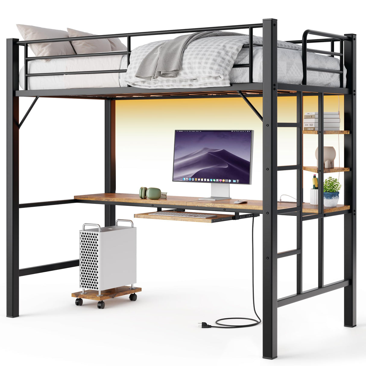 Gizoon Loft Bed Twin Size, Twin Loft Bed with Desk and LED Lights, Charging Sation & Storage Shelves, Heavy Duty Metal Bed Frames with Safety Guard & Ladder, No Box Spring Needed, Space-Saving, Brown Gizoon