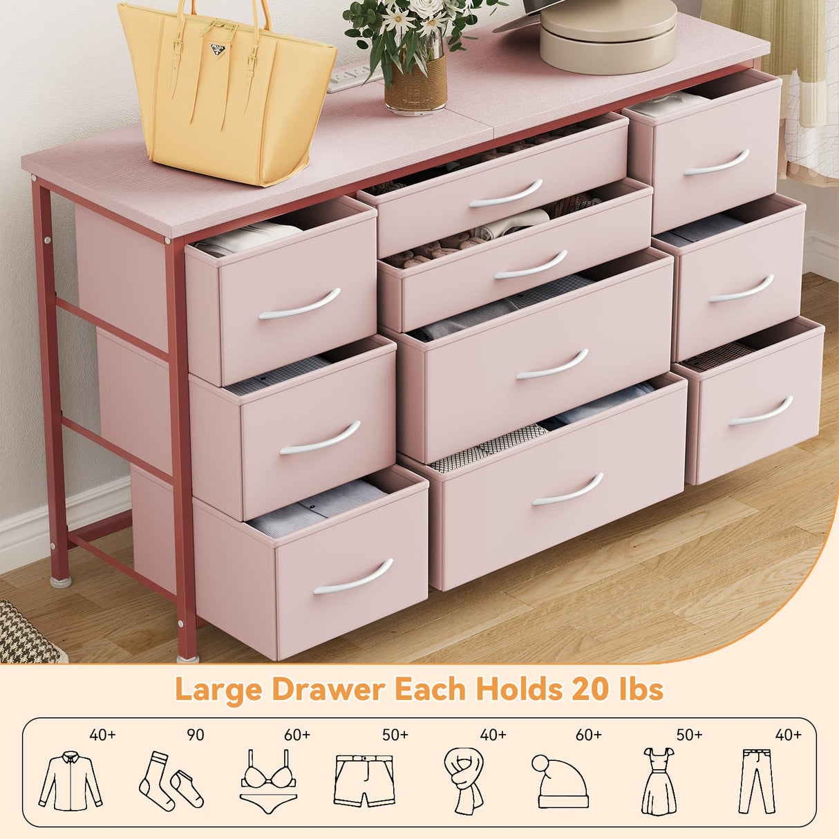 GAOMON Wide Dresser with 10 Large Drawers for 55'' Long TV Stand with Power Outlet Entertainment Center, Storage Fabric Drawer Unit for Bedroom, Living Room, Closet, Entryway, Sturdy Metal Frame,Pink GAOMON