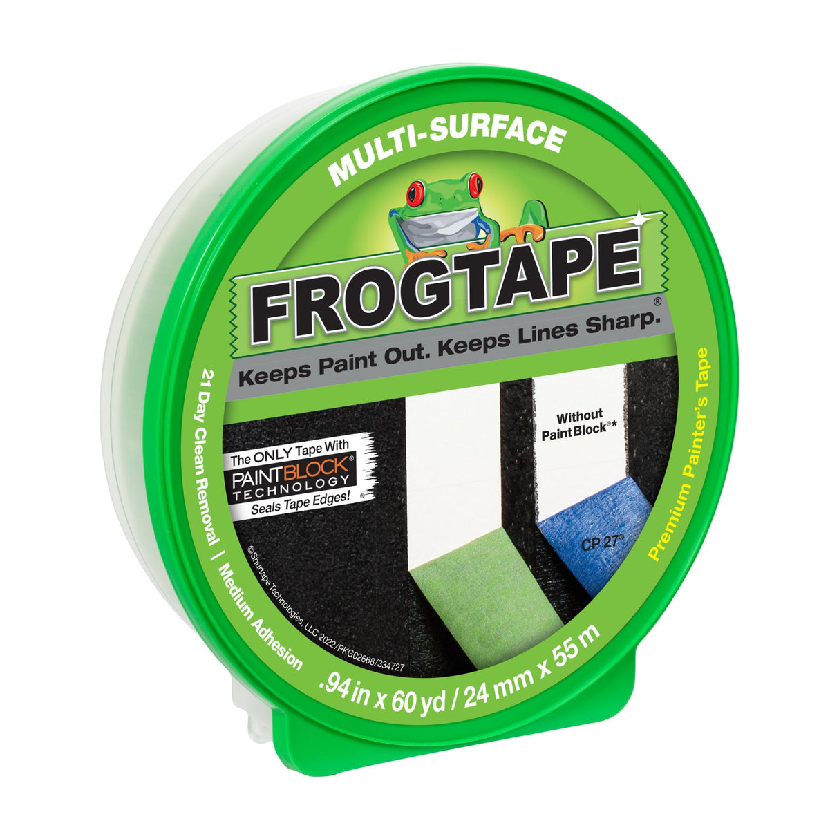 FrogTape Multi-Surface Painters Tape with PAINTBLOCK, 1 Inch Wide (0.94 In. x 60 Yds), Medium Adhesion, Green, 1 Roll (1358463) FrogTape
