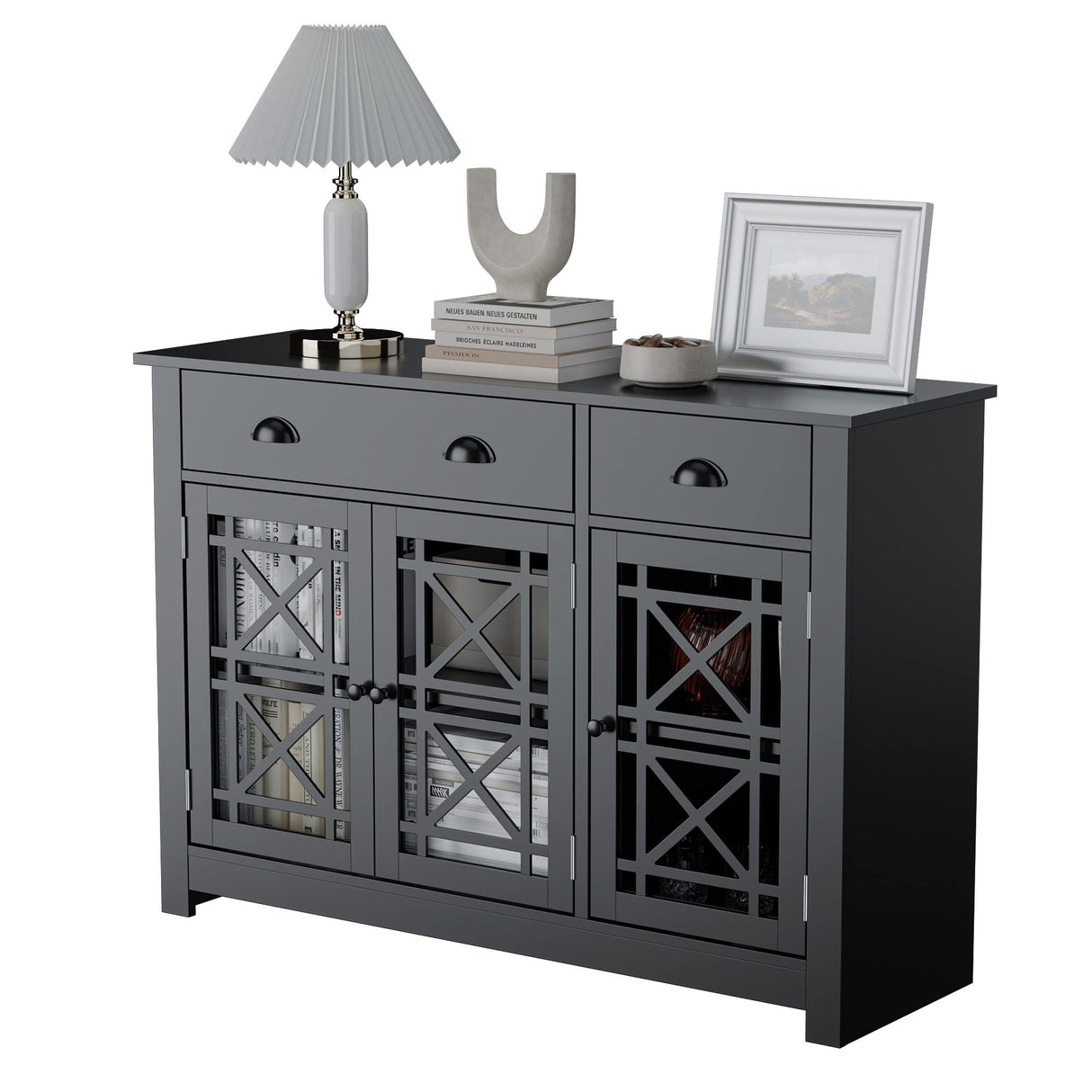 Cozy Castle Modern Buffet Cabinet with Drawers, Wood Sideboard Buffet Cabinet with 3 Acrylic Glass Doors, Freestanding Bar Cabinet, Black Cozy Castle