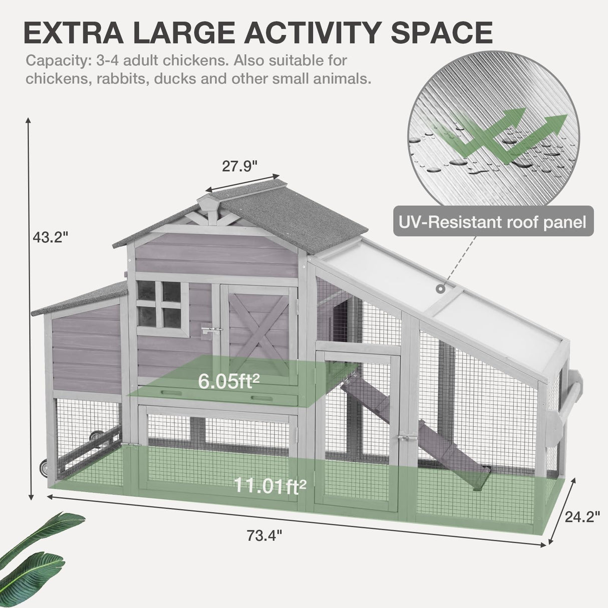 MEDEHOO Chicken Coop with Wheels Wooden Outdoor Chicken House Easy Cleaning with Nesting Box, Deeper Leakproof Pull-Out Tray and UV Proof Panel Roof - Reinforced Version MEDEHOO