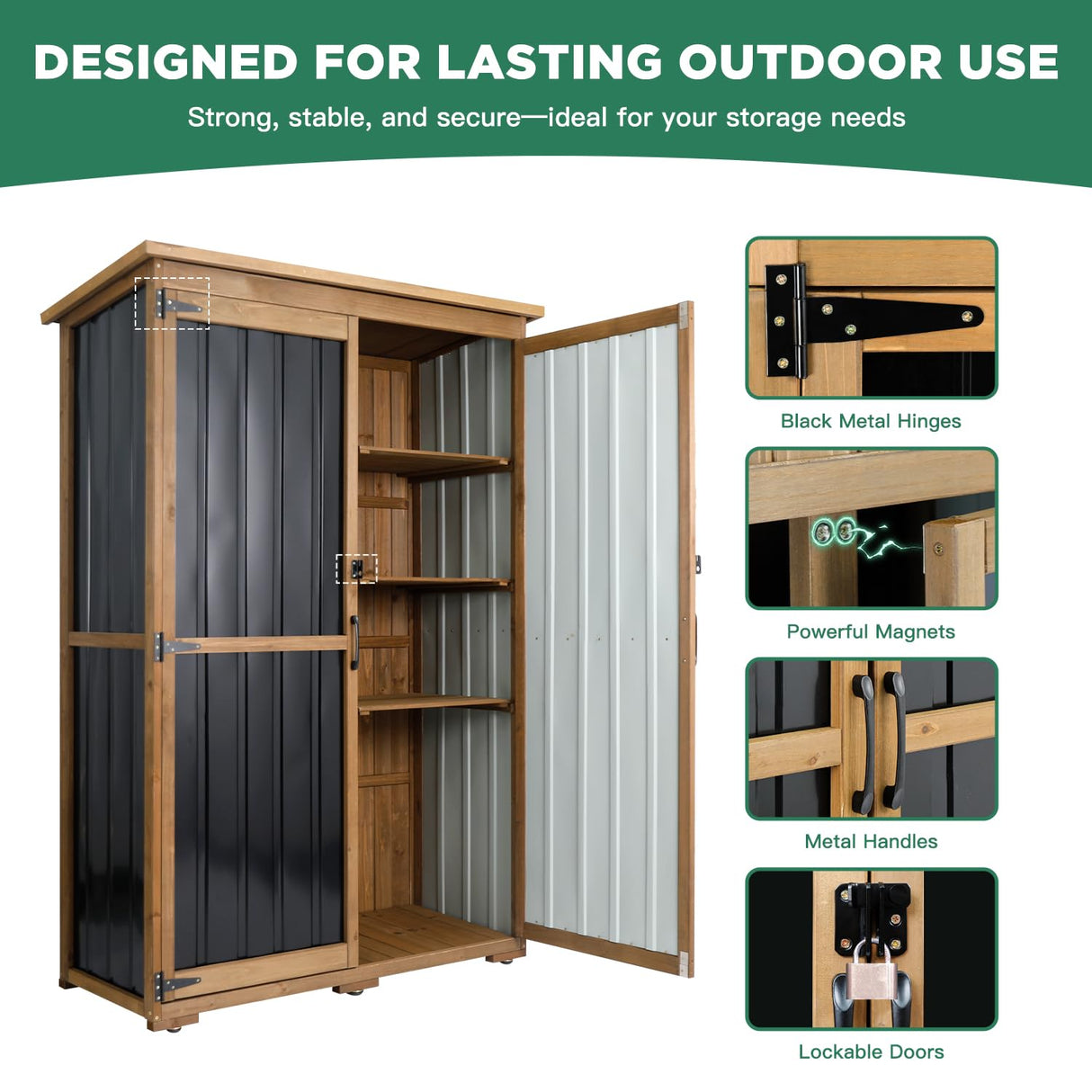 Ketive Outdoor Storage Cabinet Wood & Metal, Storage Shed Waterproof Double Lock for Anti-Theft Removable Shelves Adjustable Feet Wooden Floor for Patio, Garden, Lawn Pool Storage, 46" X 18" X 68" ketive