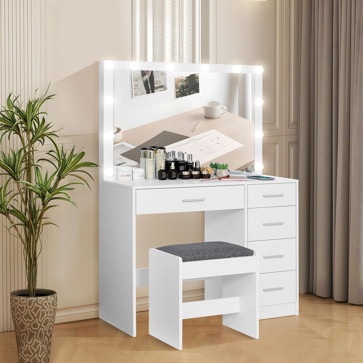 usikey Makeup Vanity with 12 Lights, Vanity Desk with Power Outlet, Makeup Vanity Table with 5 Drawers, Large Mirror, Dressing Vanity Table with Stool for Bedroom, Bathroom, White usikey