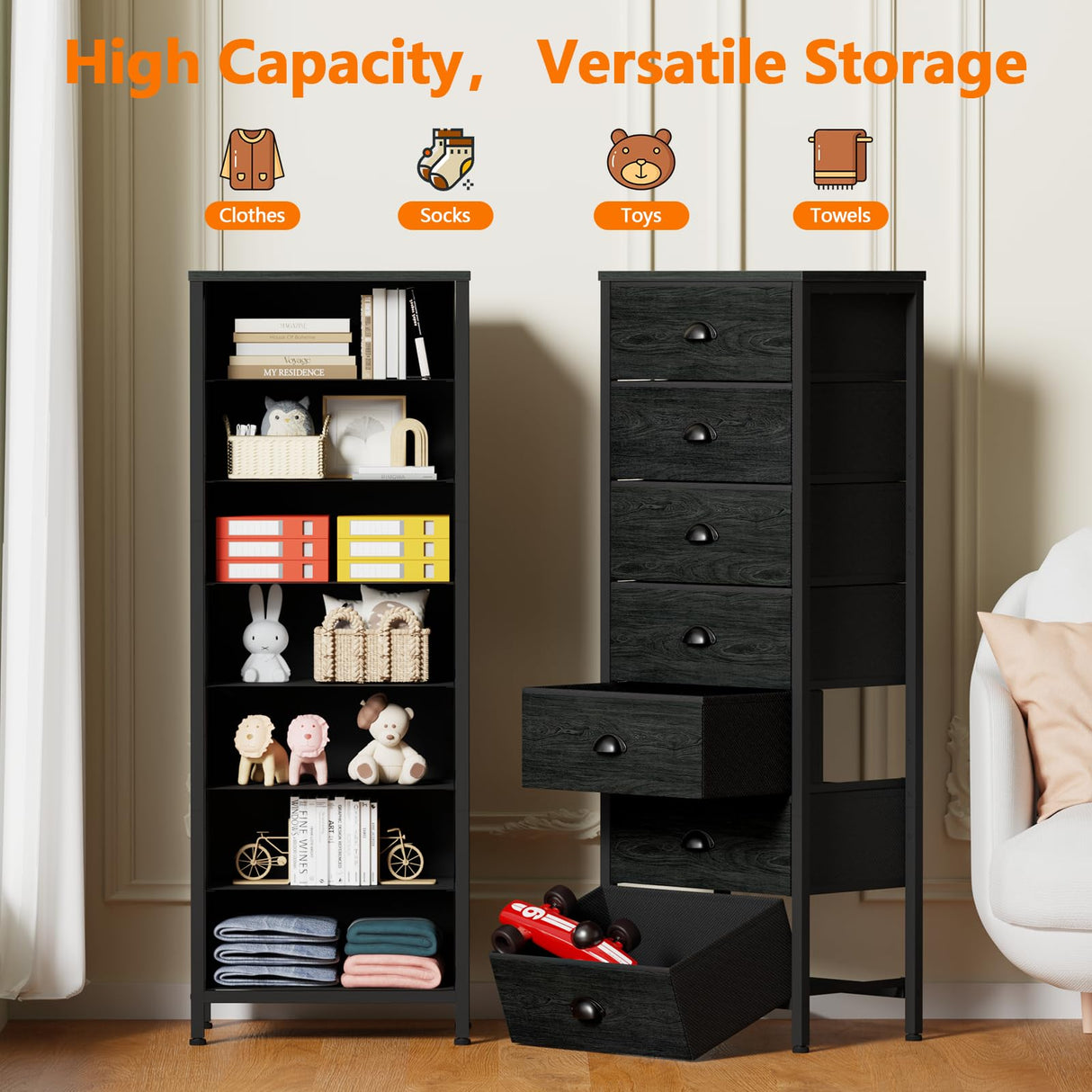 Furnulem Bedroom Dresser, Tall Dressers & Chests of Drawers with 7 Fabric Bins, Black Dresser Organizer in Closet,Dorm,Living Room,Nursery,Hallyway-Storage Tower Unit Sturdy Steel Frame, Black Oak Furnulem