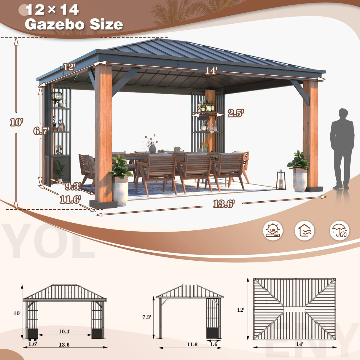 YOLENY 12' x 14' Ultra-Thick Columns and Beams Hardtop Gazebo, Faux Wood Grain Metal Gazebo with Storage Shelves, Vertical Stripe Galvanized Iron Roof, Outdoor Patio Gazebo for Patio YOLENY