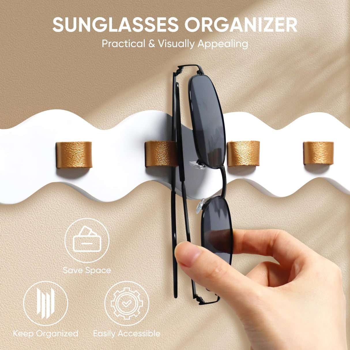 ONULISS Beechwood Sunglasses Organizer Wall, Wall Mounted Sunglass Holder, Hanging Eye Glasses Organizer Storage with 7 Slots, Sun Glass Holder (White) ONULISS