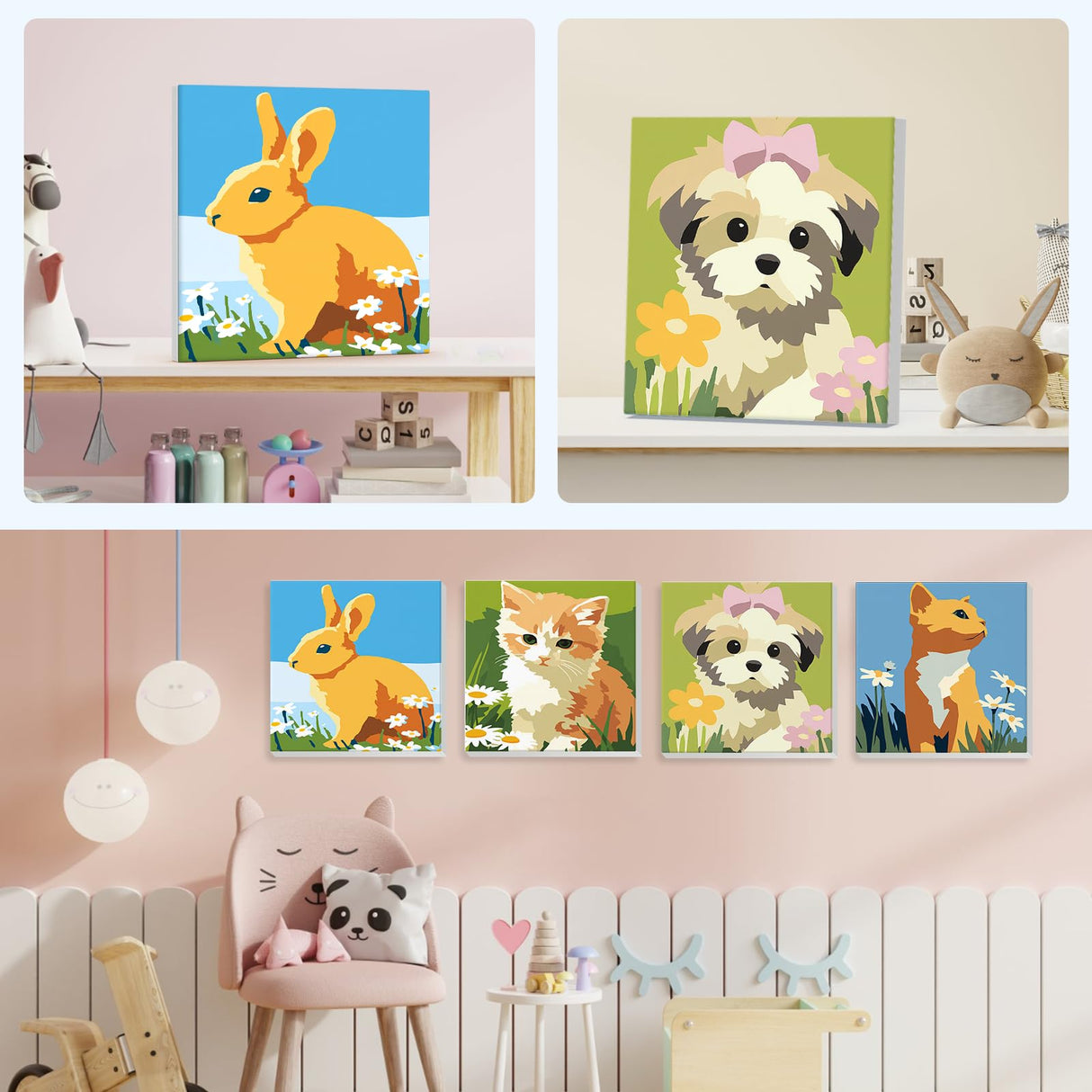 NEWENMO 4 Pack Paint by Number for Kids with Wooden Frame, Cute Rabbit, Cat, Dog Paint by Numbers for Kids Ages 8-12, Animal, DIY Acrylic Oil Painting for Beginners for Home Wall Decor 8X8 inch NEWENMO