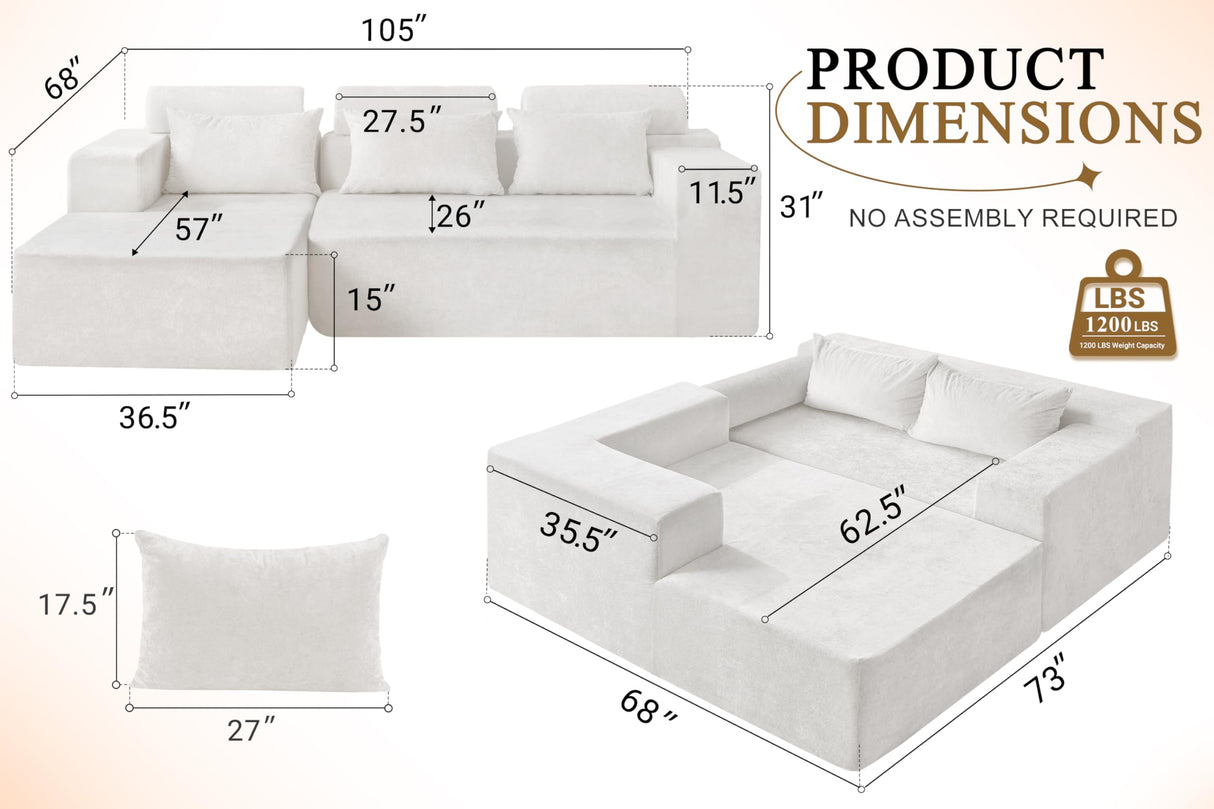HABUTWAY 105" L-Shape Modular Sectional Sofa Couch for Living Room,No Assembly Required,Modular Comfy Sofa with Deep Seat for Living Room Bedroom,Luxury Distressed Velvet(Left,Beige) HABUTWAY