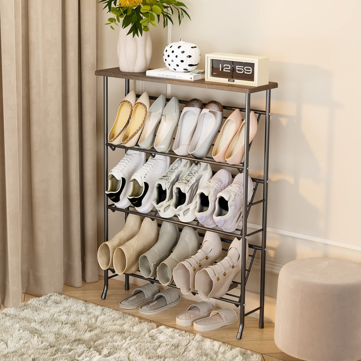 JZM Shoe Rack Storage, Narrow 4 Tier Metal Shoe Storage Shelf, Free Standing Shoe Racks, Space Saving Shoe Rack Organizer for Entryway, Hallway, Bedroom, Living Room(12-16 Pair) JZM