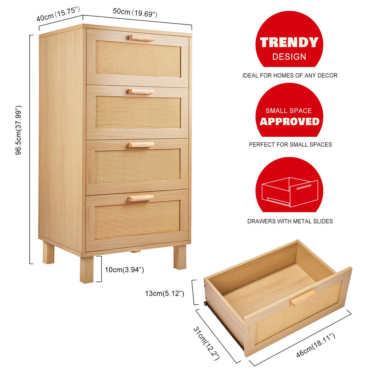 Graficial 4 Drawer Dresser, Dresser for Bedroom, Hamilton Rattan Chest of Drawers, Tall Bedside Storage Chest Dresser for Bedroom,Living Room, Oak Graficial