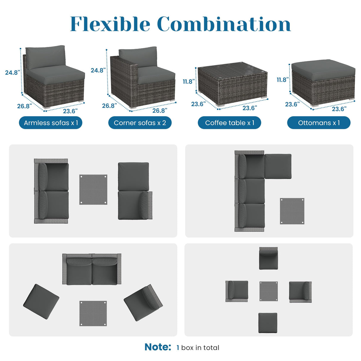 5 Pieces Outdoor Patio Furniture Set, Patio Sectional Furniture Set, All-Weather Wicker Rattan Patio Conversation Set with Washable Thick Cushions and Coffee Table, Outdoor Patio Sofa Couch Set, Grey May in Color