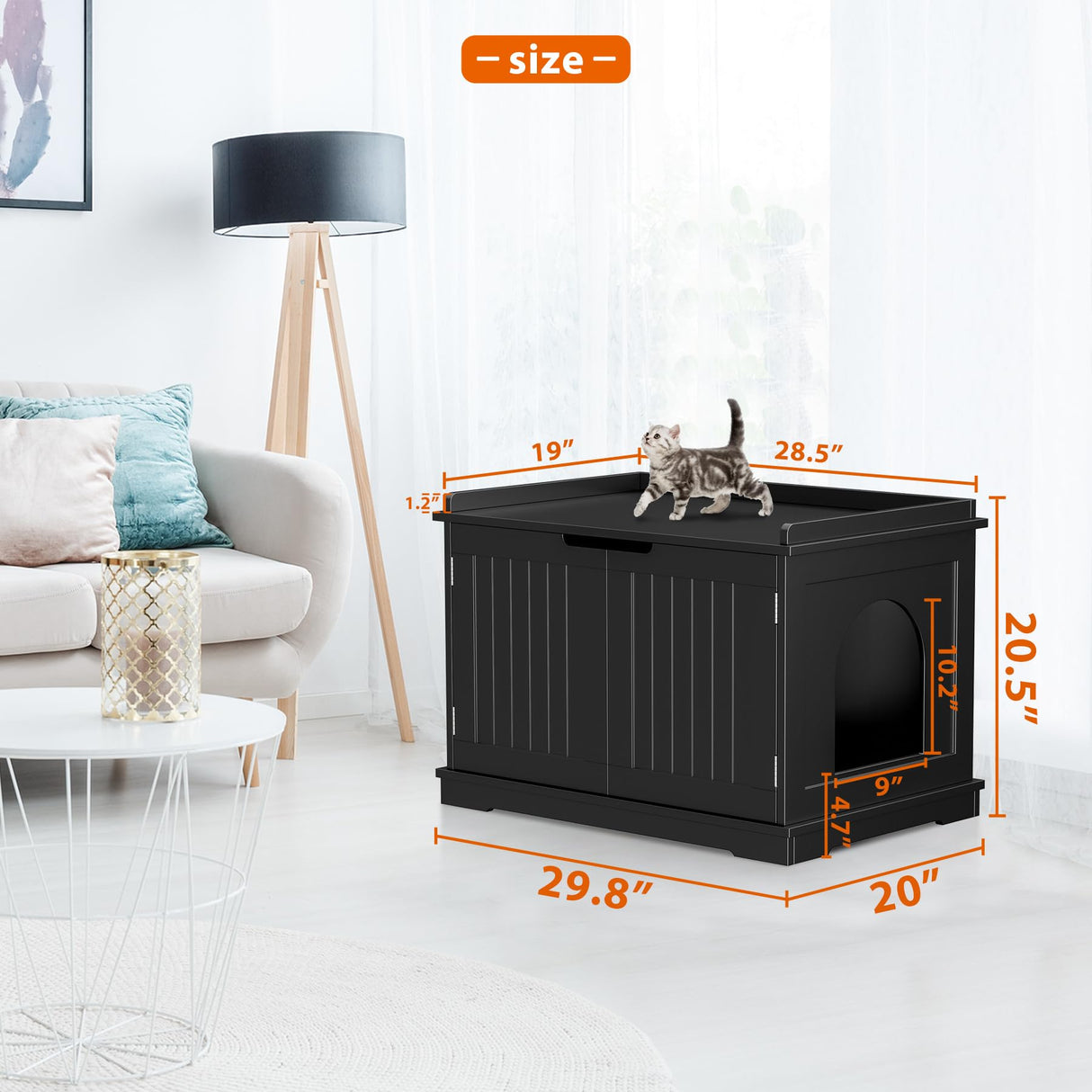 Cat Litter Box Enclosure, Litter Box Furniture Hidden, Wooden Cat Washroom, Cat Litter Box Cabinet, Indoor Cat House w/Removable Divider, as Table Nightstand Storage Bench (Black) Pet Republic