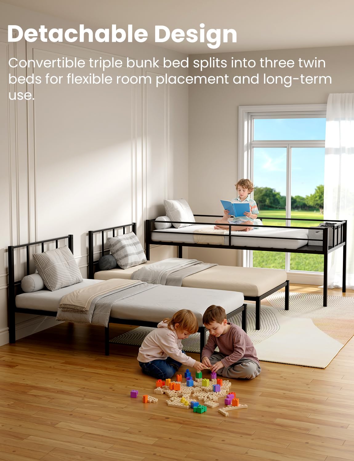 Mixcous Heavy Duty Triple Bunk Bed, Twin Over Twin Over Twin with Guardrails and Ladder, Metal Bunk Bed for 3, 3 Bed Teens and Adults, No Box Spring Needed, Black Mixcous